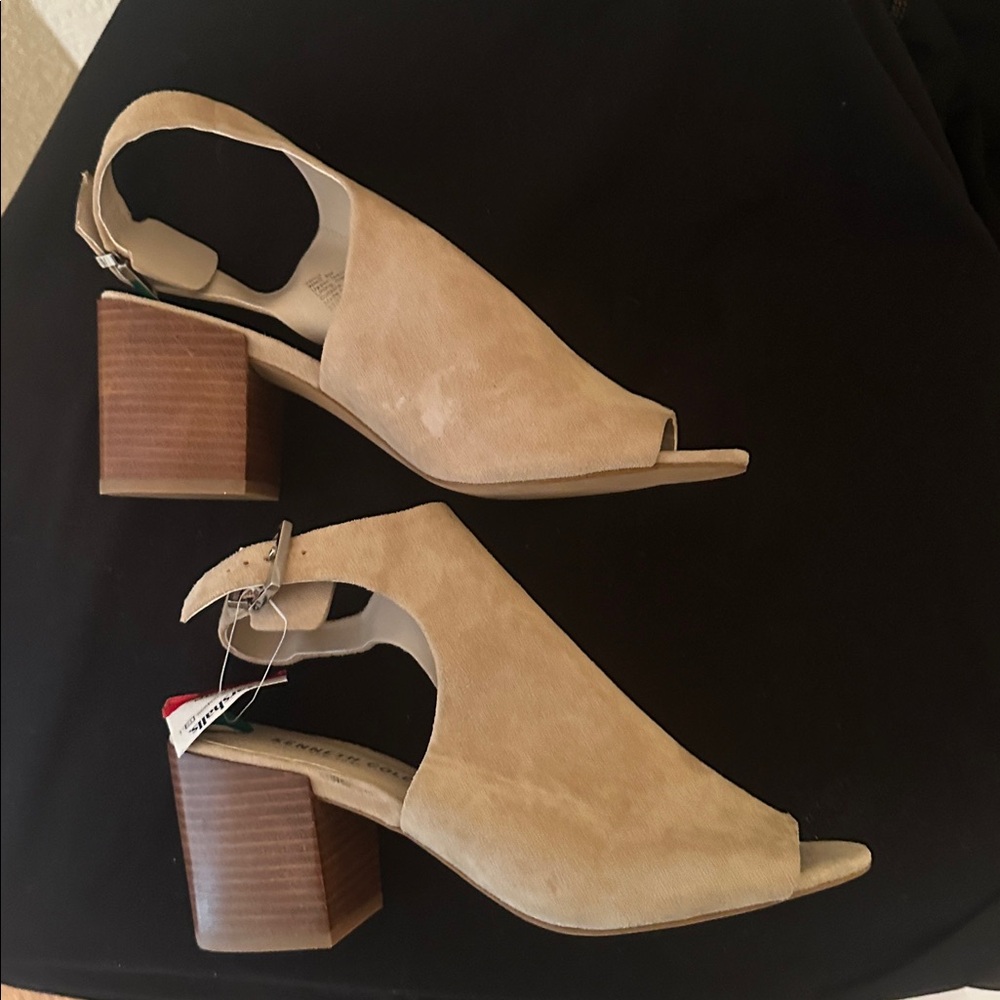 Kenneth Cole Beige Suede Slingback Block Heel Sandals